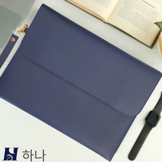 HANA (하나) Luxe Laptop Sleeve with Magnetic Snap Closure| Premium Vegan Leather | Fits 13″, 13.3″ & 14″ Laptops (Up to 14″) | Sleek Water Resistant Single-Tone Blue with Wrist Strap (Seoul Sunset)