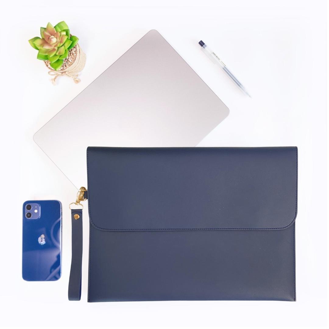HANA (하나) Luxe Laptop Sleeve with Magnetic Snap Closure| Premium Vegan Leather | Fits 13″, 13.3″ & 14″ Laptops (Up to 14″) | Sleek Water Resistant Single-Tone Blue with Wrist Strap (Seoul Sunset)