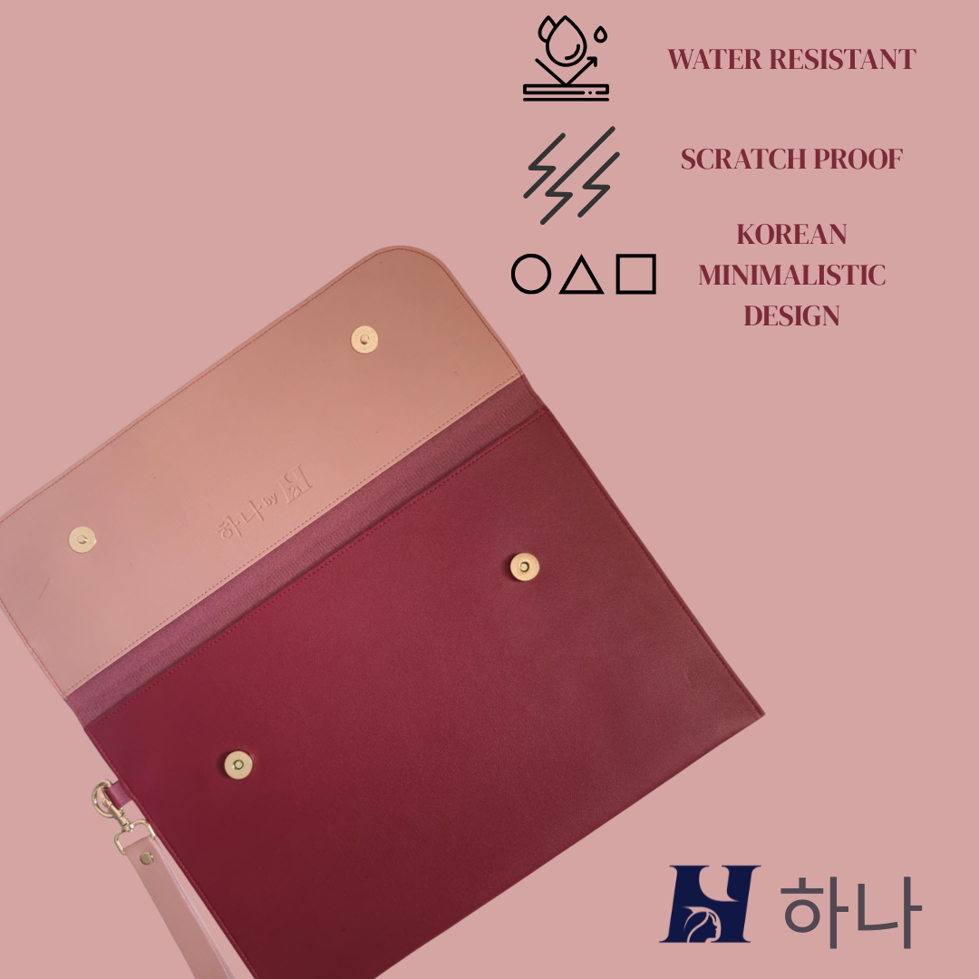 HANA (하나) Luxe Laptop Sleeve with Magnetic Snap Closure| Premium Vegan Leather | Fits 13″, 13.3″ & 14″ Laptops (Up to 14″) | Sleek Water Resistant Two-Tone Tan & Black with Wrist Strap (Crimson Dusk)