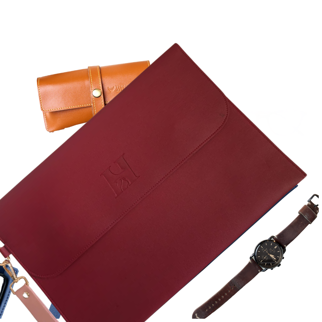 HANA (하나) Luxe Laptop Sleeve with Magnetic Snap Closure| Premium Vegan Leather | Fits 13″, 13.3″ & 14″ Laptops (Up to 14″) | Sleek Water Resistant Two-Tone Tan & Black with Wrist Strap (Crimson Dusk)