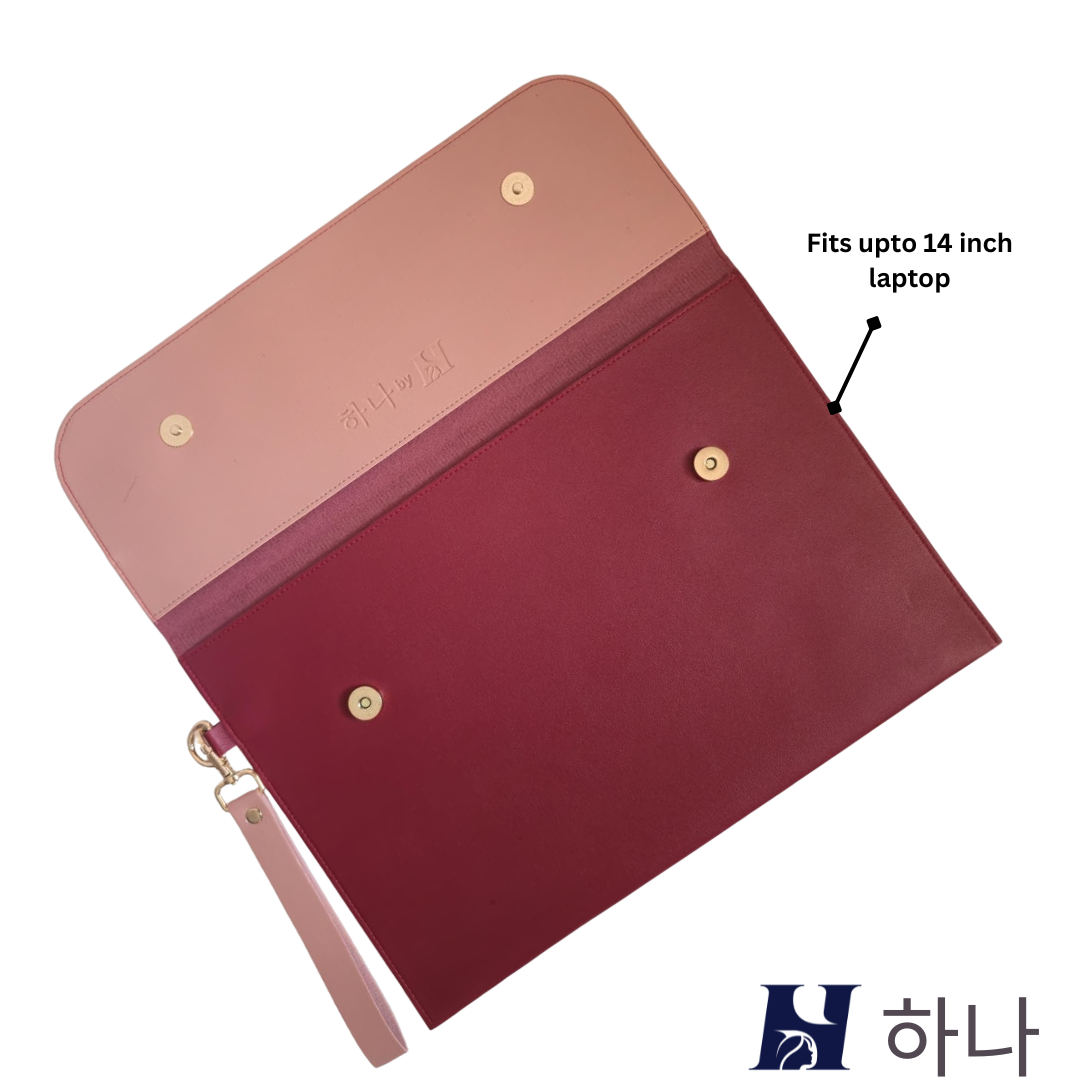 HANA (하나) Luxe Laptop Sleeve with Magnetic Snap Closure| Premium Vegan Leather | Fits 13″, 13.3″ & 14″ Laptops (Up to 14″) | Sleek Water Resistant Two-Tone Tan & Black with Wrist Strap (Crimson Dusk)