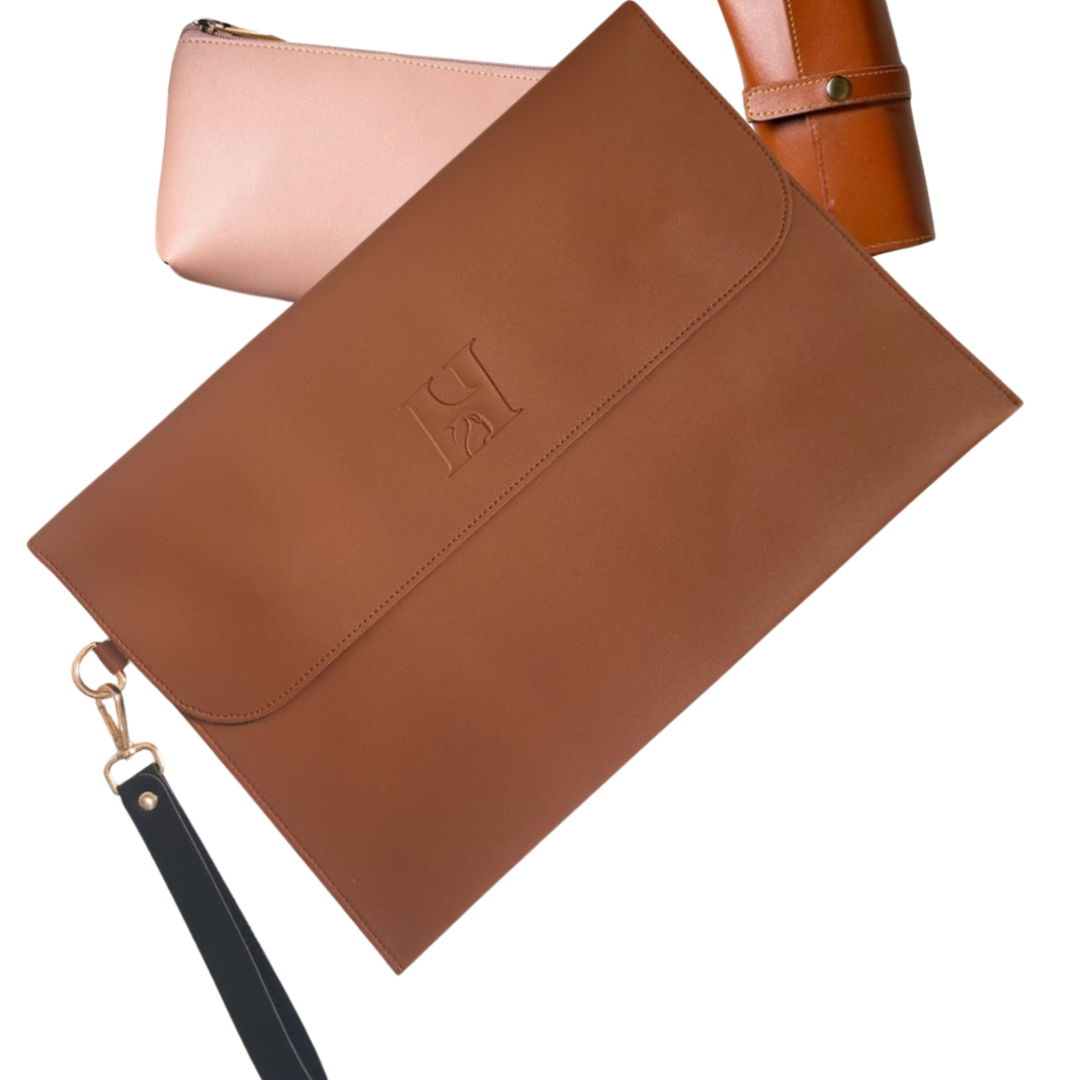 HANA (하나) Luxe Laptop Sleeve with Magnetic Snap Closure| Premium Vegan Leather | Fits 13″, 13.3″ & 14″ Laptops (Up to 14″) | Sleek Water Resistant Two-Tone Tan & Black with Wrist Strap (Tan & Black)