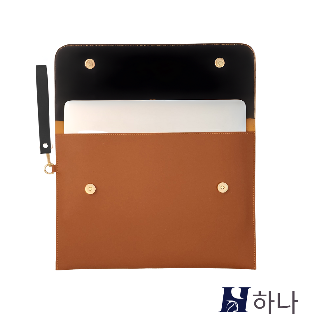 HANA (하나) Luxe Laptop Sleeve with Magnetic Snap Closure| Premium Vegan Leather | Fits 13″, 13.3″ & 14″ Laptops (Up to 14″) | Sleek Water Resistant Two-Tone Tan & Black with Wrist Strap (Tan & Black)