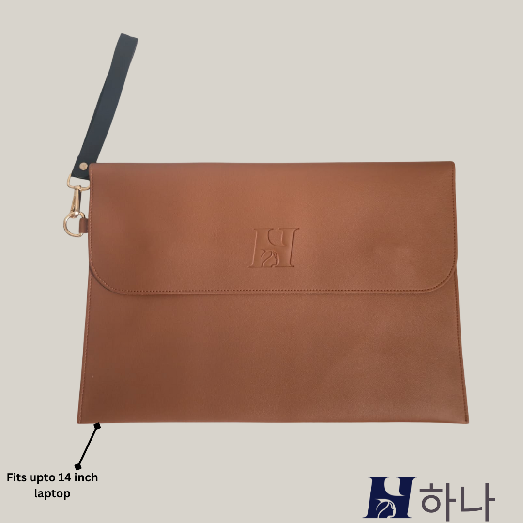 HANA (하나) Luxe Laptop Sleeve with Magnetic Snap Closure| Premium Vegan Leather | Fits 13″, 13.3″ & 14″ Laptops (Up to 14″) | Sleek Water Resistant Two-Tone Tan & Black with Wrist Strap (Tan & Black)